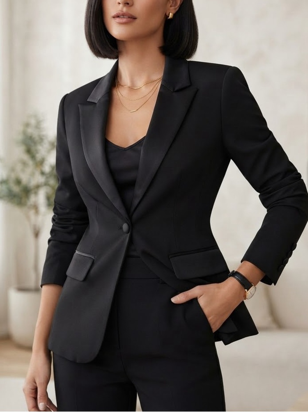 MESHKI Black Satin Trim Cinched Waist Tailored Blazer Small⁠